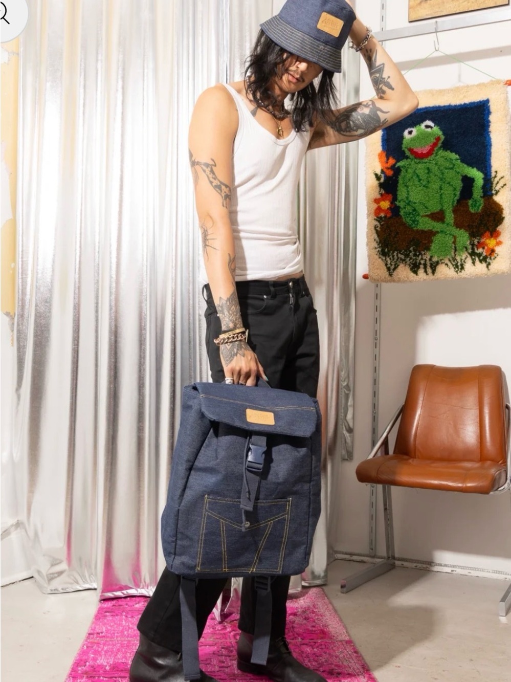 Jean Paul Gaultier Navy Canvas Roll-Top Backpack with Contrast Stitching